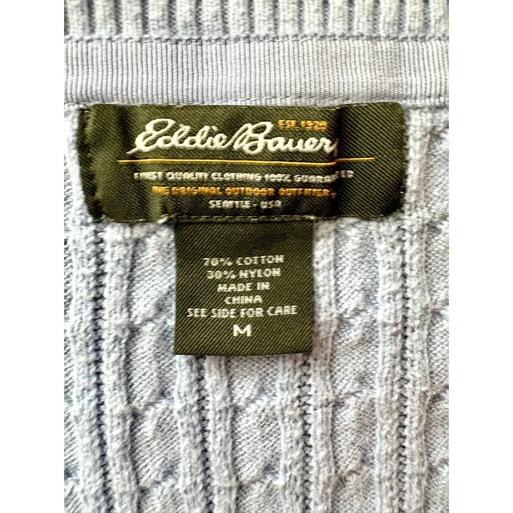 Vintage Y2K Eddie Bauer Light Blue Cable Knit Henley Sweater Scoop Neck M Preppy
